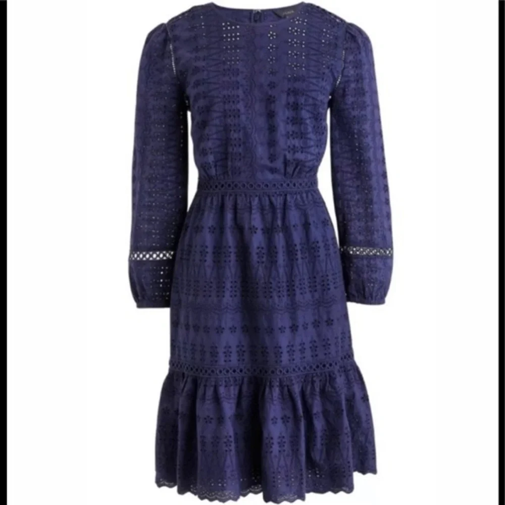 J. Crew Eyelet Lace Flutter Hem Dress Size‎ 2 Navy Blue Preppy A Line